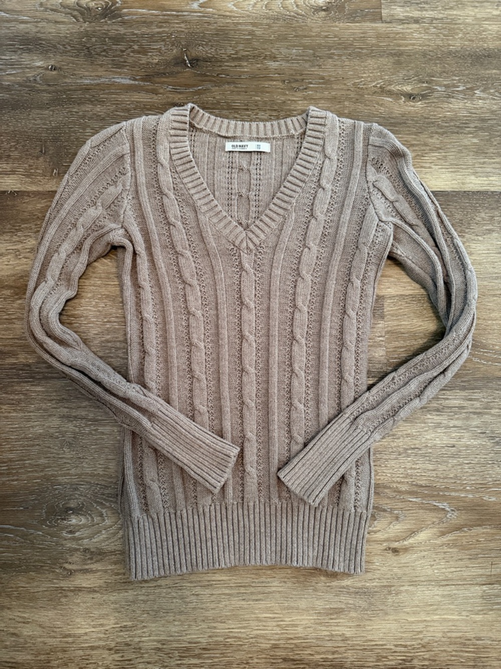 Old Navy Taupe Cable-Knit V-Neck Sweater